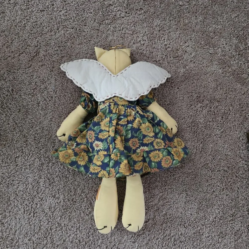 Vintage Primitive Kitty Angel Cat Decor Stuffed Sunflower Dress